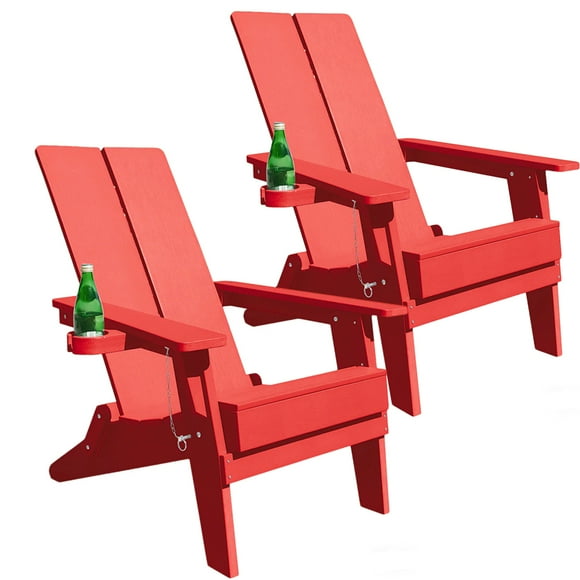 Adirondack Chairs Set of 2 ,Modern Folding Chair Plastic Outdoor Chaise with Cup Holder,for Patio Garden Yard Poolside