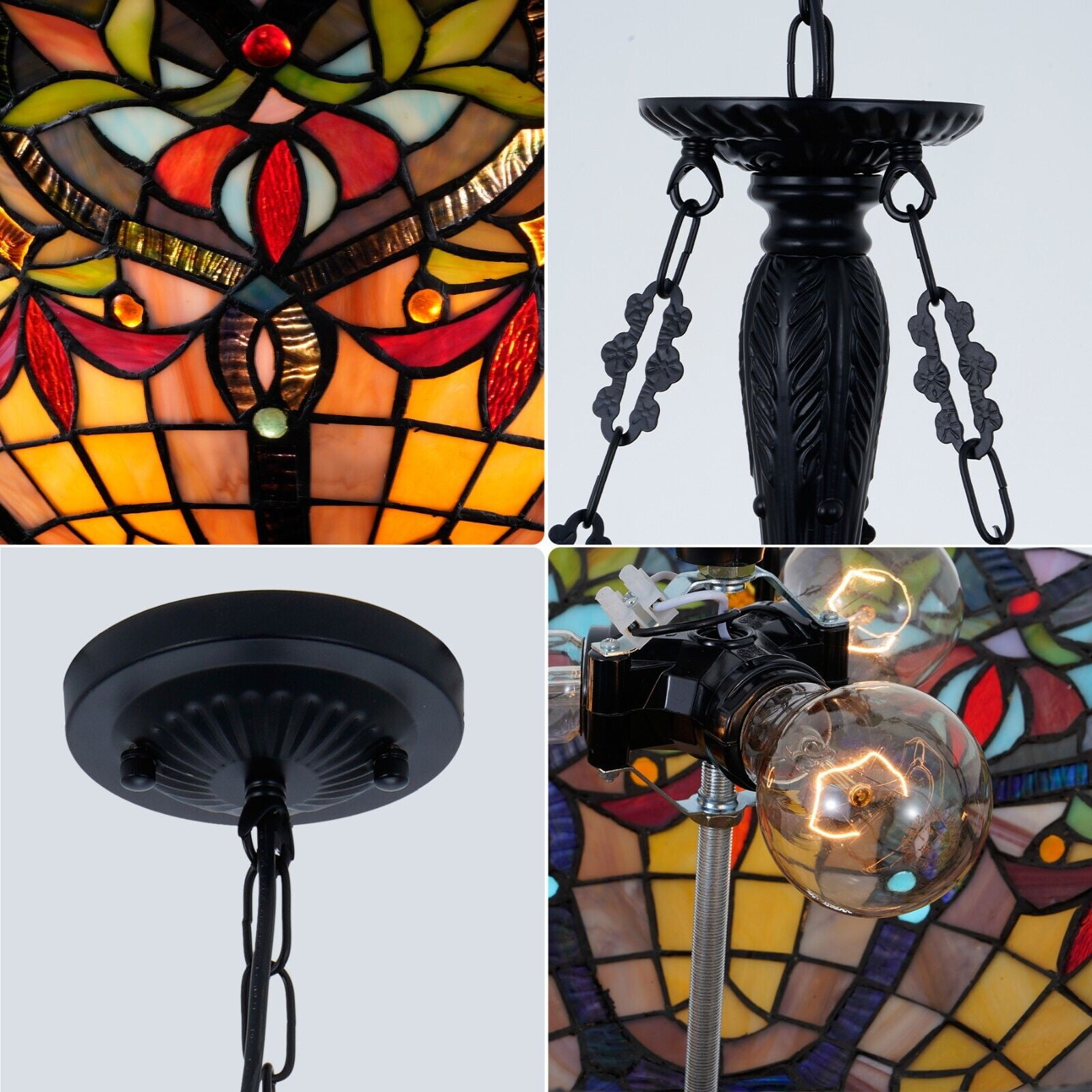 AFANQI 18 inch Tiffany Style Chandelier, 3 Light Stained Glass Dining Room Hanging Chandelier