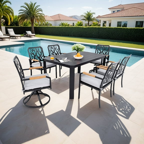 7-PCS Outdoor Patio Aluminum Furniture Set for 6,with 4 Dining Chairs & 2 Swivel Rockers Sunbrella Fabric Cushioned, Rectangular Table with Umbrella Hole for Backyard Garden