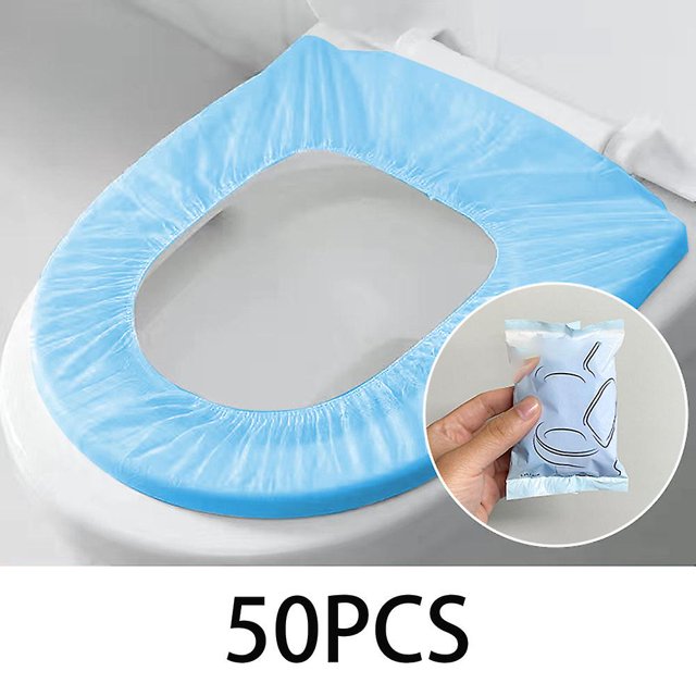 50 piezas (azul) Inodoro desechable, protector de inodoro de plástico, impermeable, portátil, envuelto individualmente, material antibacteriano, tamaño estándar