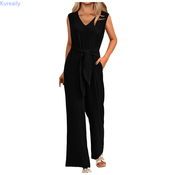 Kureaily Womens Jumpsuits Casual Summer Outfits Sleeveless Wide Leg Long Pants Rompers Women Casual Jumpsuit