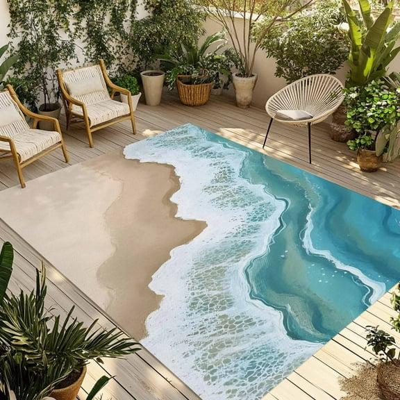 Fsddascl Turquoise Ocean Outdoor Rug for Patio/Deck/Porch, Non-Slip Large Area Rug 4 x 6 Ft, Gradient Brown Shore Sandy Beach Abstract Indoor Outdoor Rugs Washable Area Rugs, Camping Rug Carpet