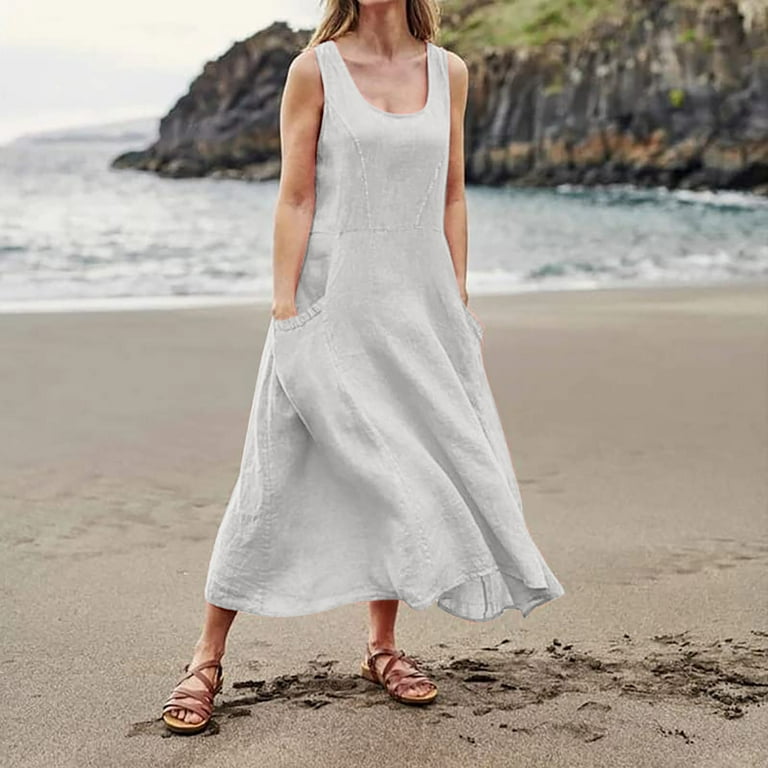 TQWQT Womens Plus Size Dresses Sleeveless Cotton Linen Long Dress Plain  Scoop Neck Loose Comfy Beach Dress with Pockets,White M