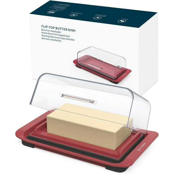 KITCHENDAO Plat à Beurre Hermétique à Couvercle Rabattable pour Comptoir et Réfrigérateur, Gardien de Beurre, Plateau Porte-Beurre en Plastique pour 2 Bâtonnets Côte Est/côte Ouest/style Européen/ Beurre Kerrygold (Rouge)