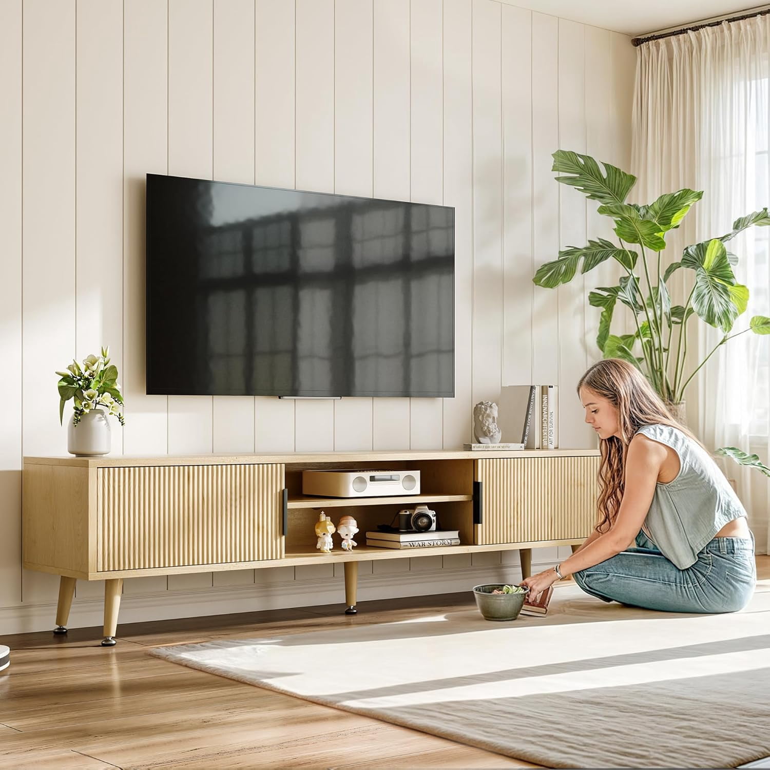 PulseFay Mid Century TV Stand, Modern TV Console for TVs up to 70 Inches, Entertainment Center with Storage, TV and Media Consol, (Natural Oak)