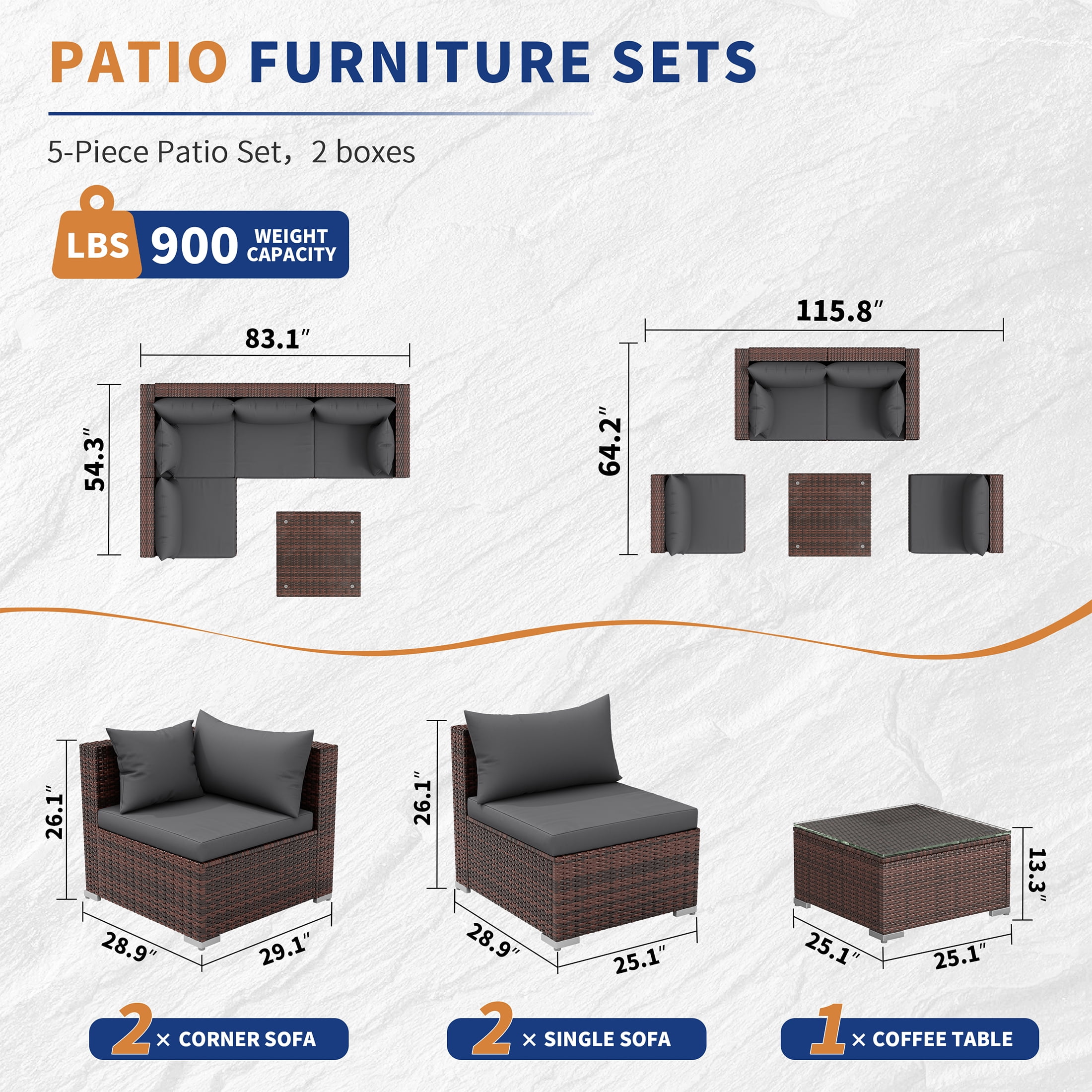 UDPATIO Patio Furniture Sets, Modular Rattan Outdoor Patio Sectional Furniture with 44" Fire Pit Table,, Wicker Patio Conversation Set for Backyard, Deck, Poolside w/Glass Coffee Table, 5PC Grey