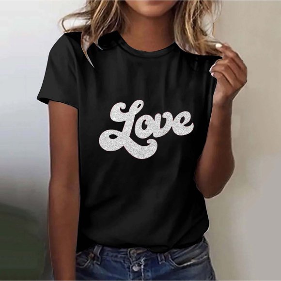 WILLBEST Short Sleeve Shirts for Women Women's Round Collar Casual T Shirt with Valentine's Day Letter Print with Short Sleeve