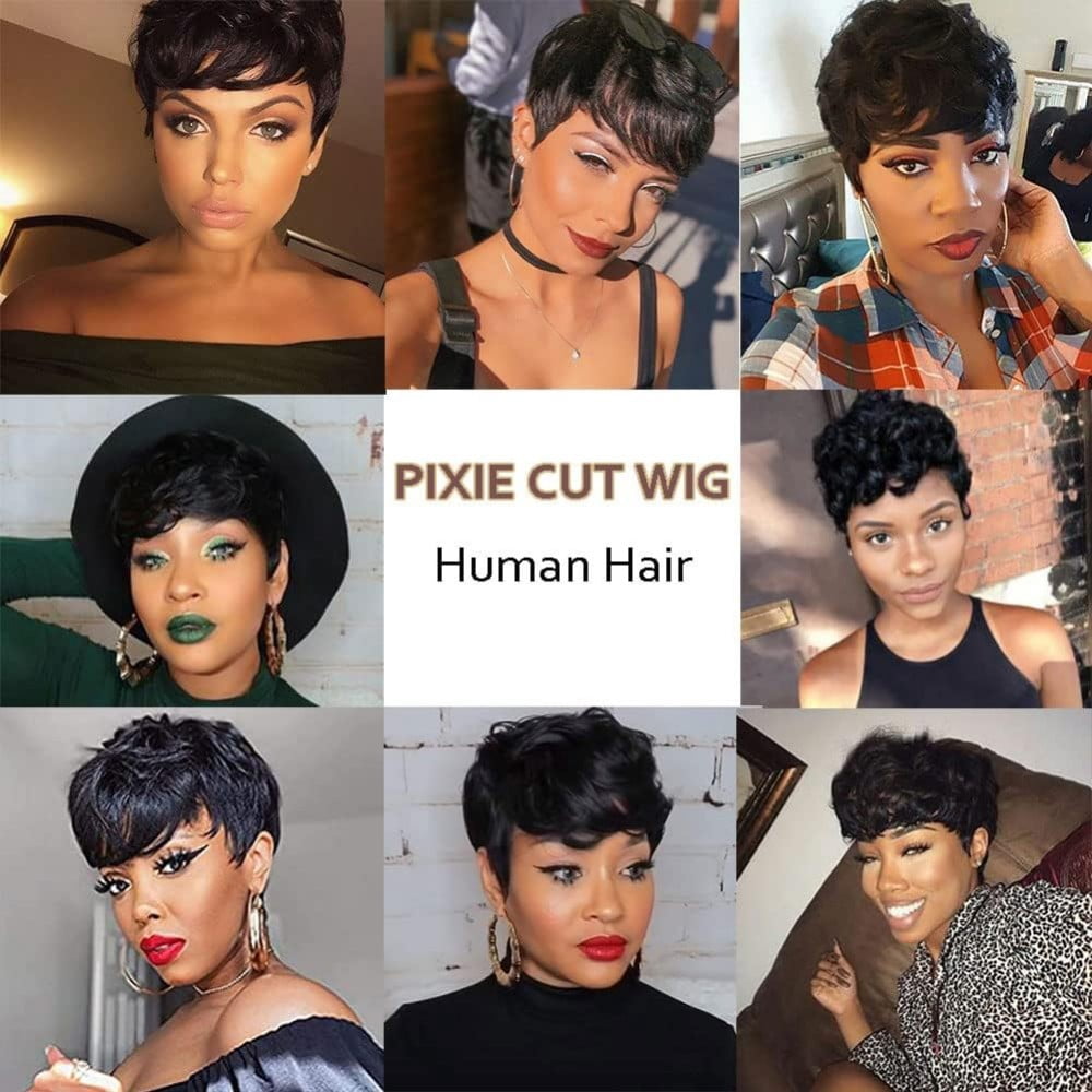 Pixie Cut Wig Human Hair Wear and Go Glueless Wigs Human Hair with Bangs Pixie Cut Wig for Women short wigs for women with BangsFull Machine Made 1B Color None Lace Front Wigs