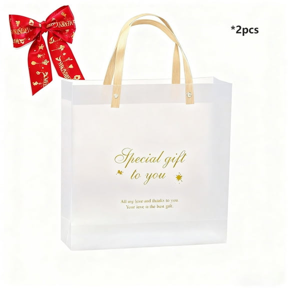 2PCS Christmas Gift Bags Transparent Gift Bags with Handles, Apple Candy Bags, Reusable Plastic Clear White Frosted Tote Bags Party Flower Wrap Bag, Perfect for Candy, Cookies, Party Favors Gifts