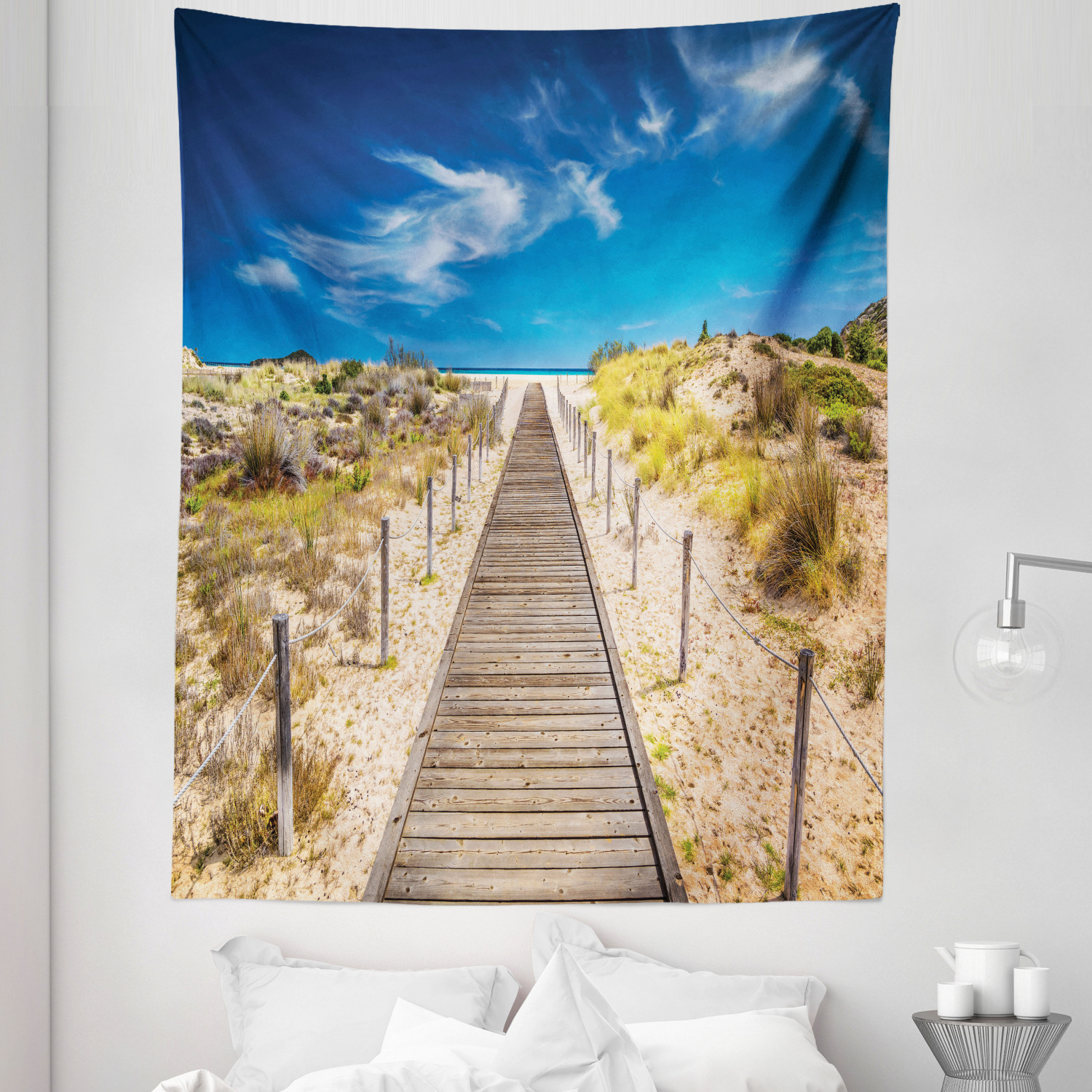 Beach Tapestry, Walkway into the Wild Idyllic Endless Sky Relaxing Resting  Tranquil Quiet Seashore, Fabric Wall Hanging Decor for Bedroom Living Room  Dorm, Sizes, Cream Blue, by Ambesonne