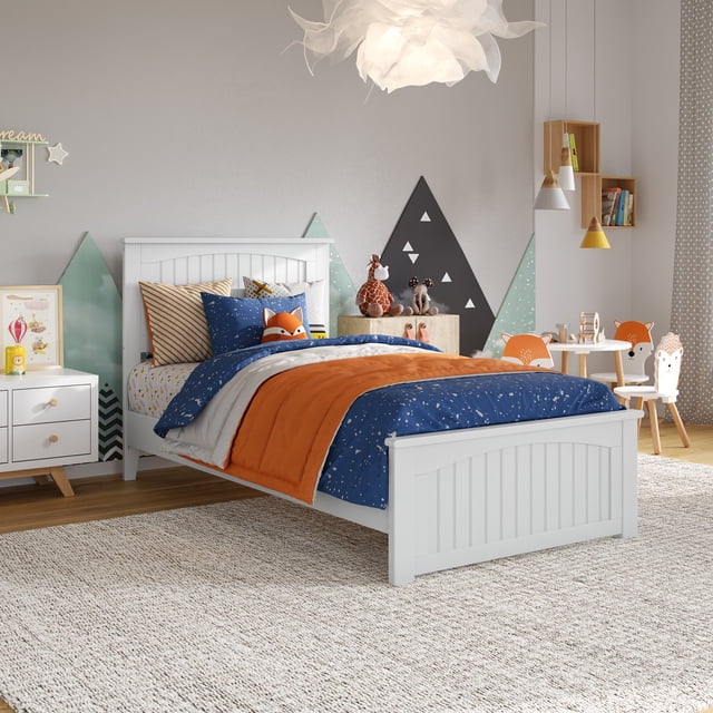 Lit Plateforme Bas en Bois Naples Simple avec Pied de Lit Assorti en Blanc