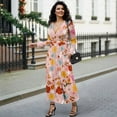 thumbnail image 4 of FKELYI Fall Maxi Dress for Women Long Sleeve V Neck Wedding Guest Dresses Pink Colorful Flower Print Flowy A-Line Elegant Dress with Pockets, 2XL, 4 of 6