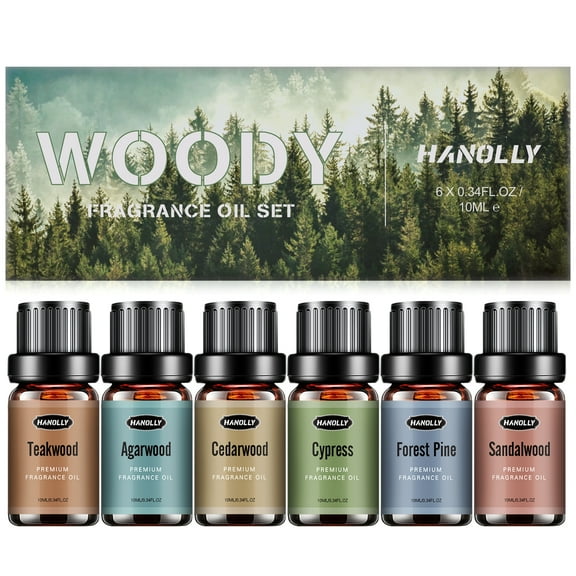 Hanolly Woody Fragrance Oils Set, Sandalwood, Cedarwood , Teakwood, Agarwood, Cypress, and Forest Pine, 10ml, 6 Count