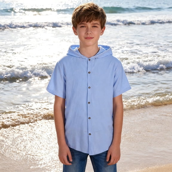 Boys Girls Solid Hooded Shirt, Kids Lightweight Linen Short Sleeve Casual Blouse