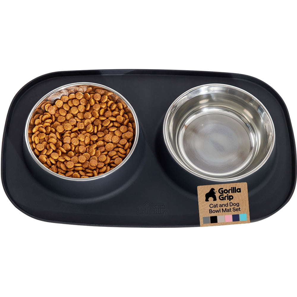 GORILLA GRIP Dog Bowls Feeding Mat Set, Food Grade 304 Stainless Steel Bowl, Raised Edge Silicone, 2 Cup, Black