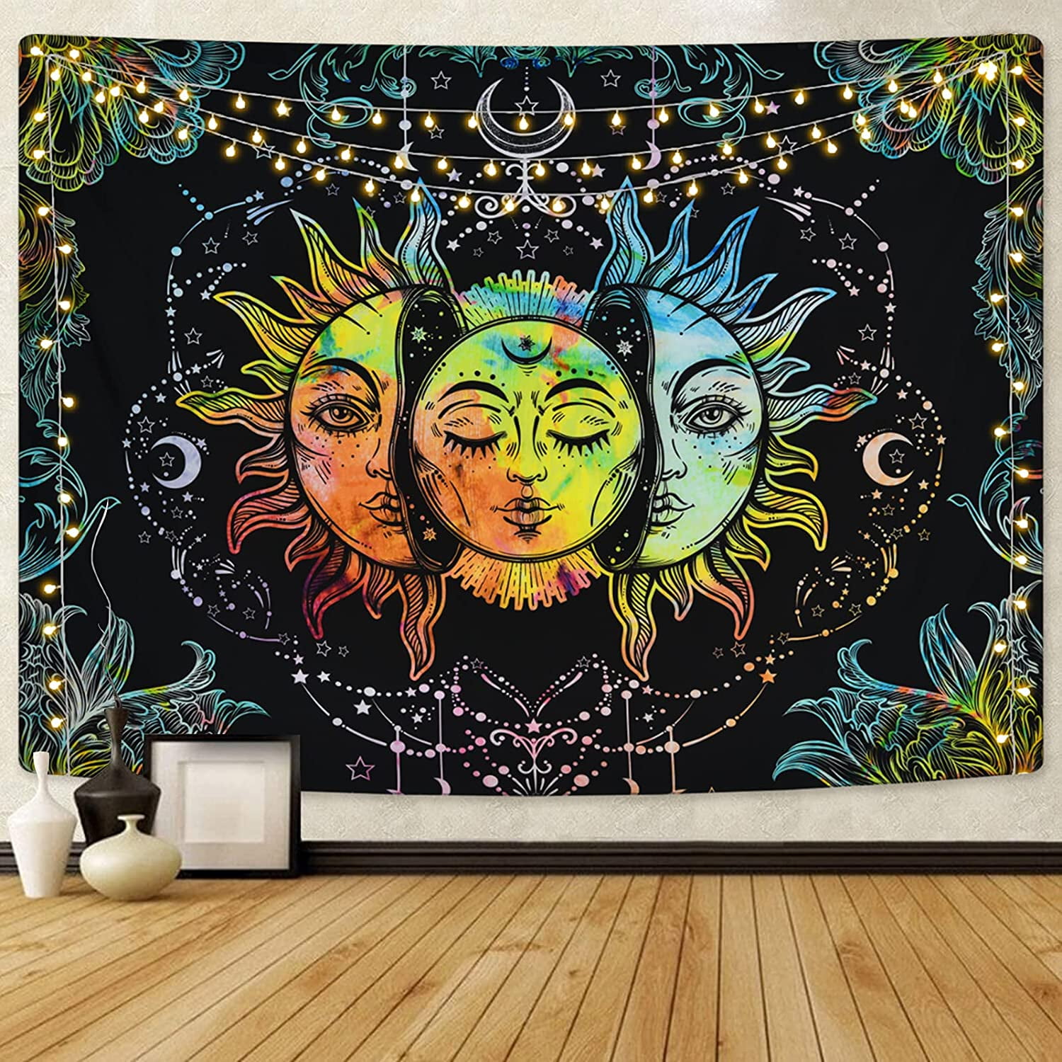 Grey Sun and Moon Tapestry and Burning Sun Moon with Stars Psychedelic Popular Mystic Wall Hanging Tapestry for Bedroom Home Decor 80L x 60W inches Yeacun Sun and Moon Tapestry