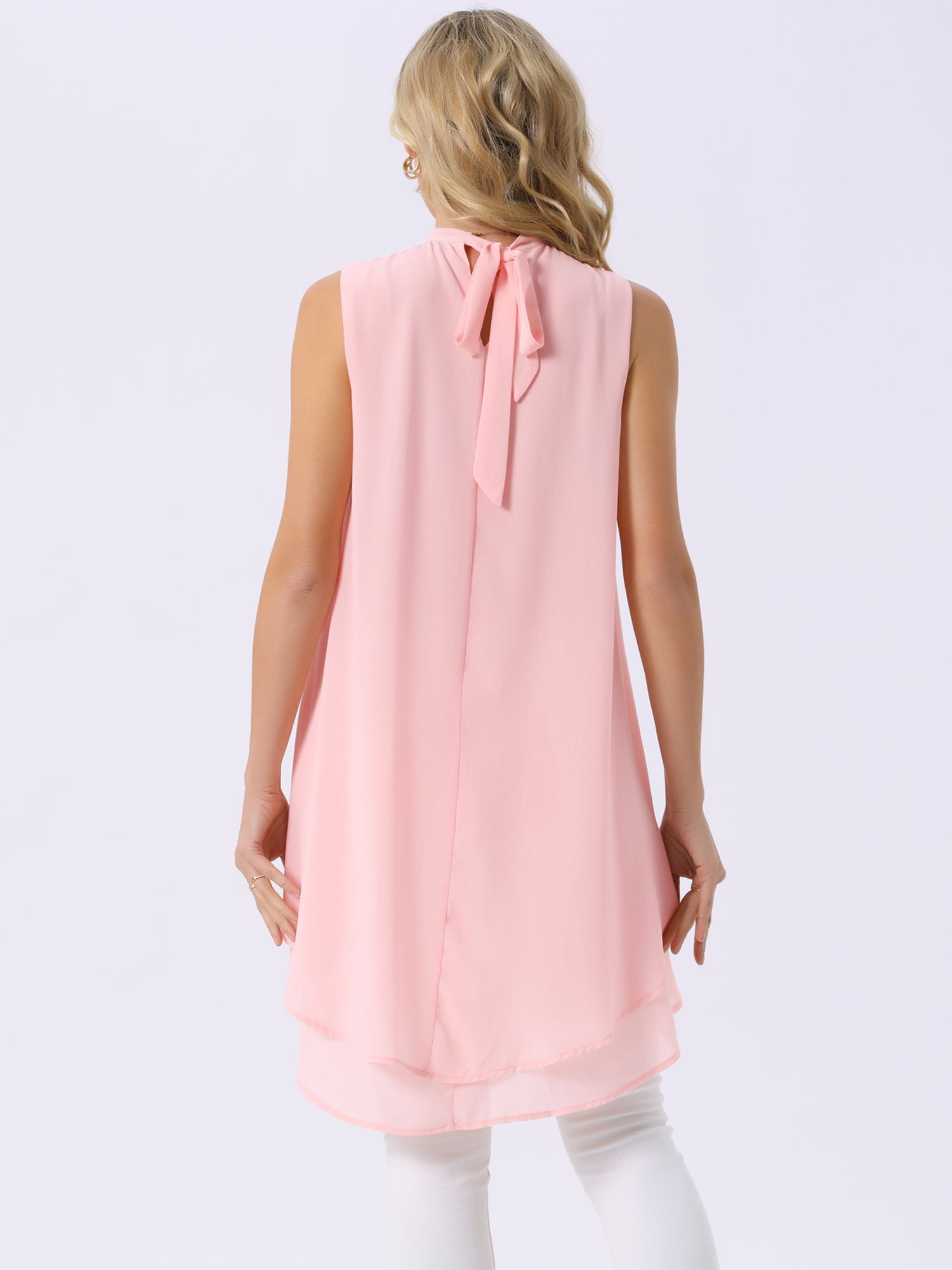 DARING DIVA Women's Tie Back High Low Hem Sleeveless Mock Neck Blouses L Pink