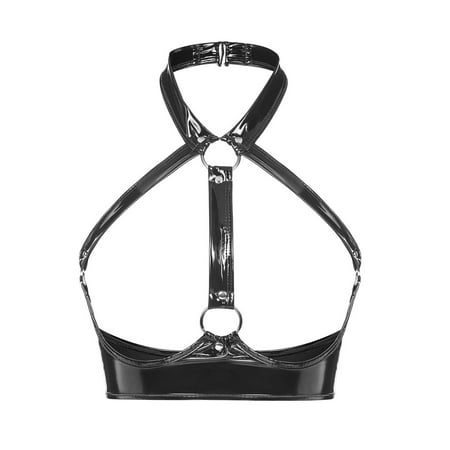 UKLSQMA Ladies  Solid Color PVC Patent Leather Sexy Bras Provocative Lingerie for Women Shiny Fetish Bras Black L