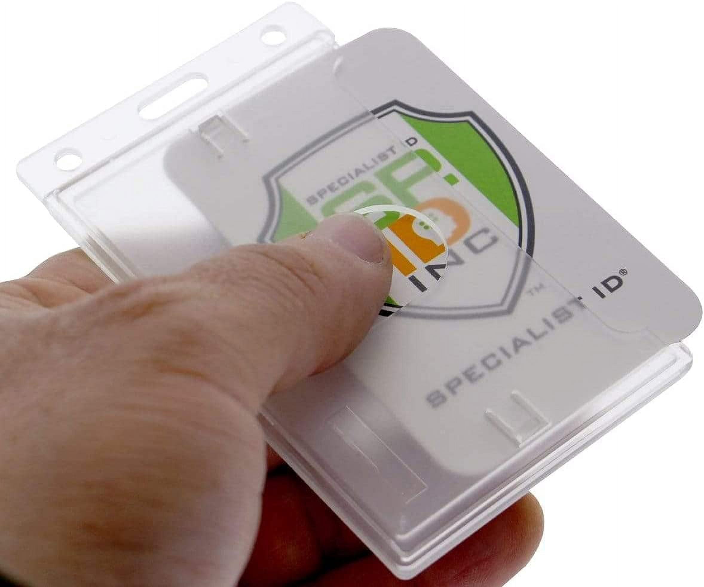 50 Pack - Hard Plastic Badge Holder with Thumb Notch Slide Removal - Vertical Side Load - Clear Frosted Rigid Plastic - Holds One Standard Credit Card Sized Name Badge by Specialist ID