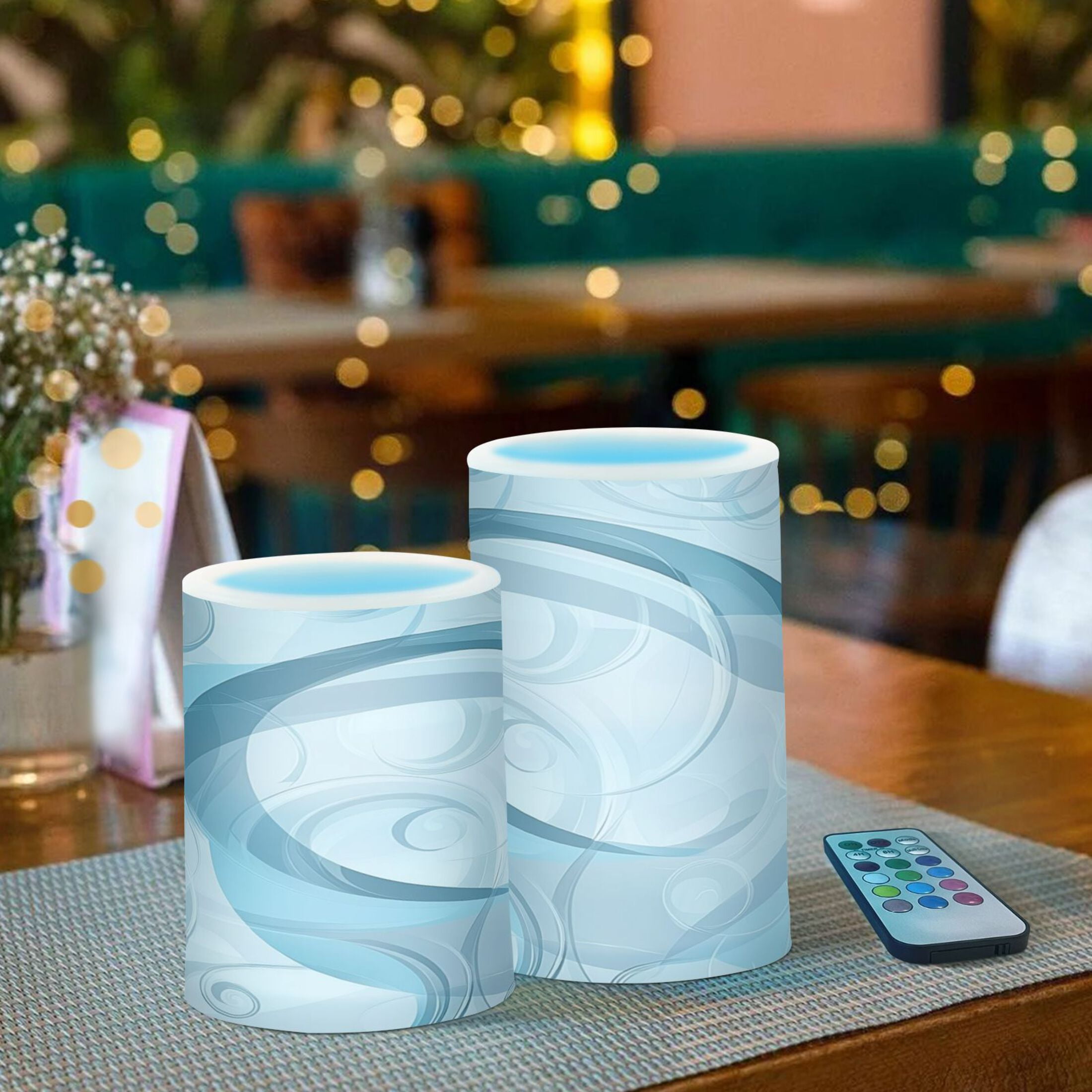 Flameless Candles Lights, Pack of two LED Lights, Dimmable LED Pillar Candles Battery Operated, Flames Remote Control Blue and Gray Abstrac Swirls