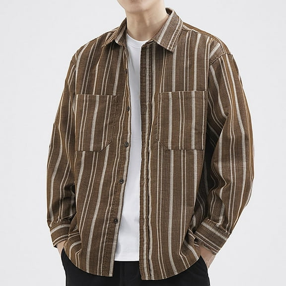 Handshe Men's Retro Plaid Long Sleeve Shirt, Button-Up Collar with Chest Pocket, Casual Vintage Style for Outdoor Activities or Daily Wear,Plus Size