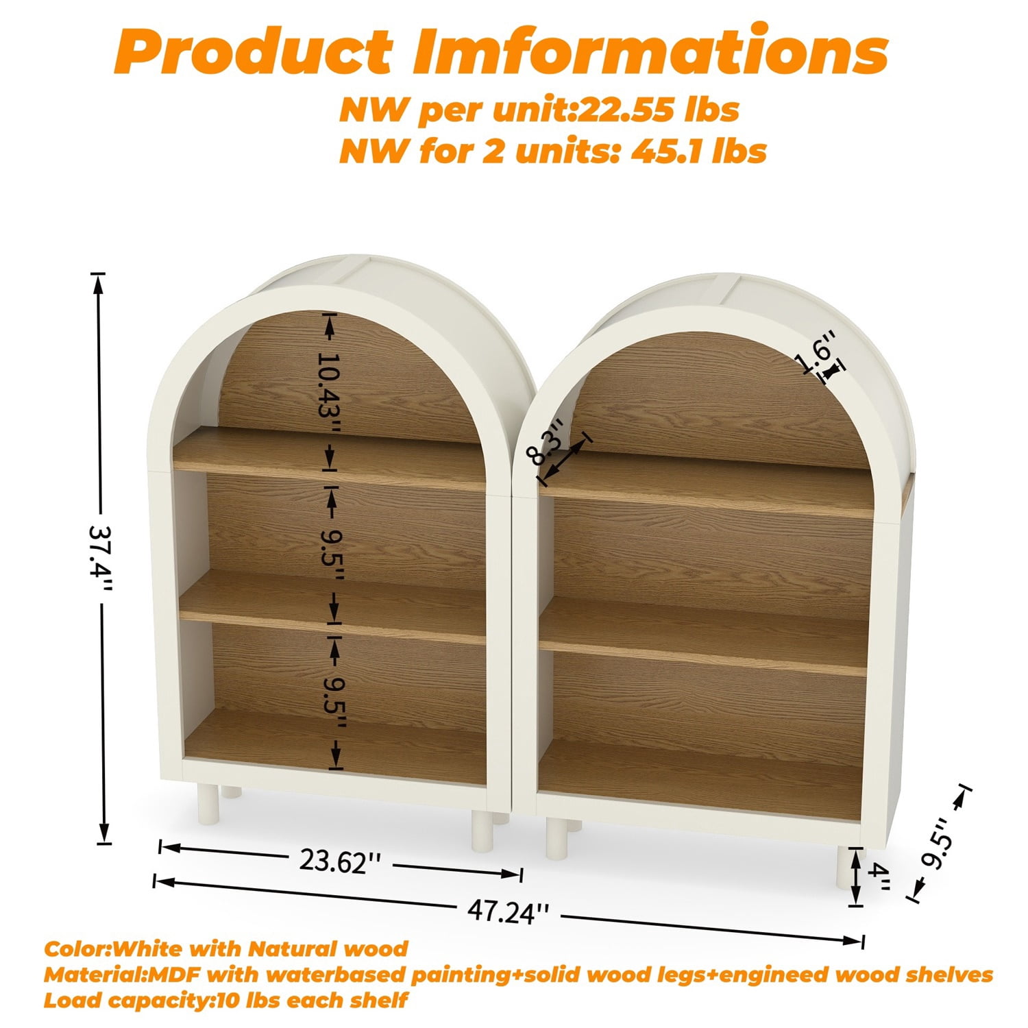 Hommoo 3-Tier Shelves Arched Bookcase Storage Cabinet Set,2 Pcs Wooden Modern 37.4"H Arched Top Bookshelf for Living Room, Bedroom, Entryway, White Oak
