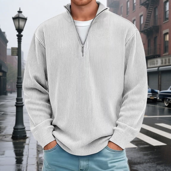 FAOWME Men's Pullover Long Sleeve Stand Collar Half Zipper Solid Color Comfortable Breathable Sweatshirt For Casual Daily Wear White S