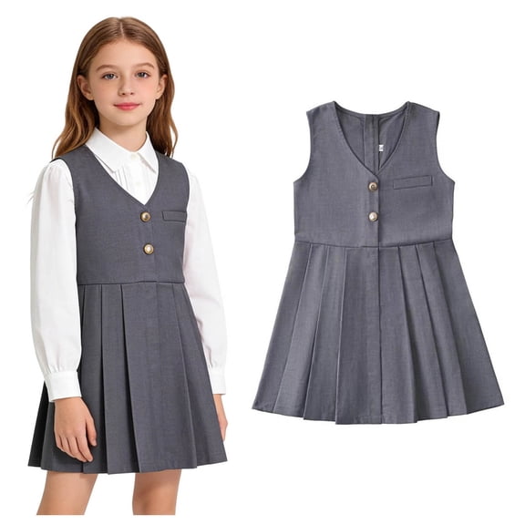 School Dress V-Neck Pleated Jumper Flared Summer Dresses for Girls 14-15 Years
