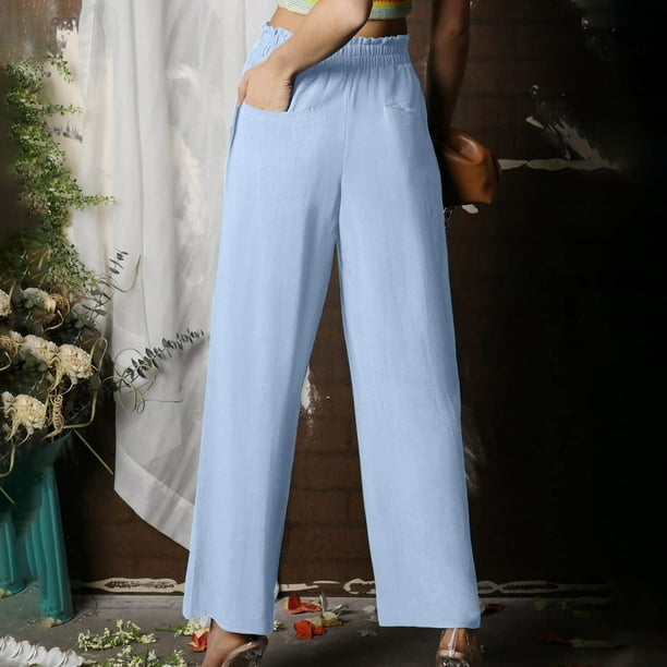 Cotton Linen Wide Leg Pants for Women Elastic High Waisted Palazzo Pants  Solid Color Casual Loose Pants with Pockets
