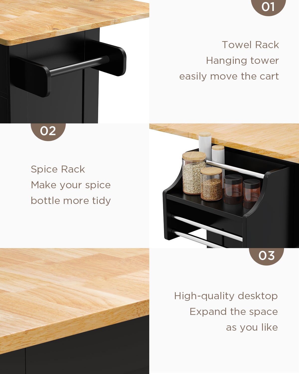 Aiho 45.5'' Kitchen Island Cart with Storage , Rolling Kitchen Island with Folding Drop Leaf Breakfast Bar for Dining Room, Black