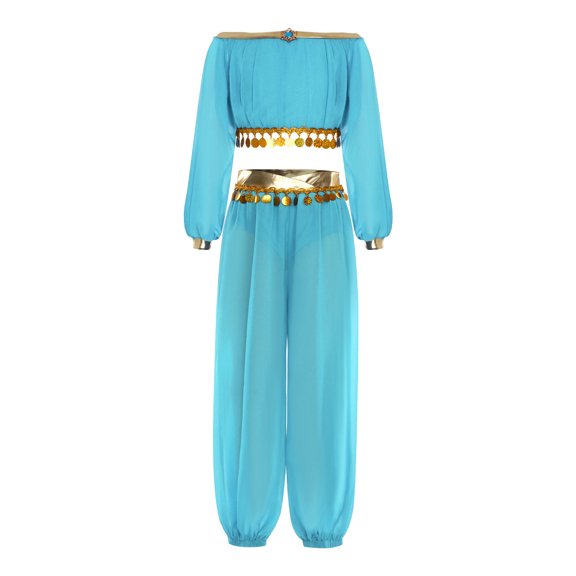 inhzoy Kids Girls 2-Piece Belly Dance Sequin Tassels Top & Pants Carnival Performance Outfit Turquoise 10