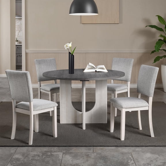 Transitional Style 5pc Upholstered Chairs U-Shaped Pedestal Base Gray Finish Wooden Dining Table Set