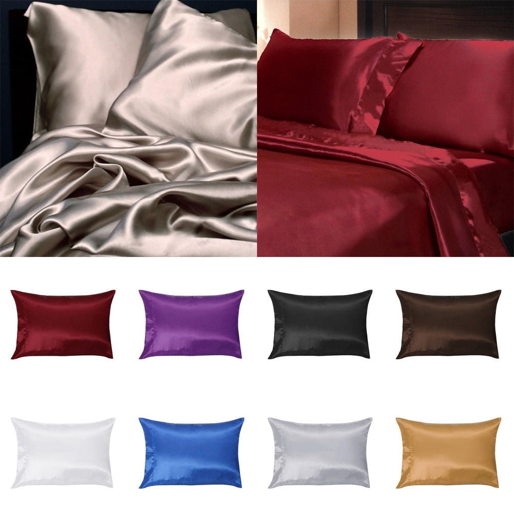 1/2Pcs Silk Pillow Case Cushion Cover Pillowcase Standard Queen Size Solid US 