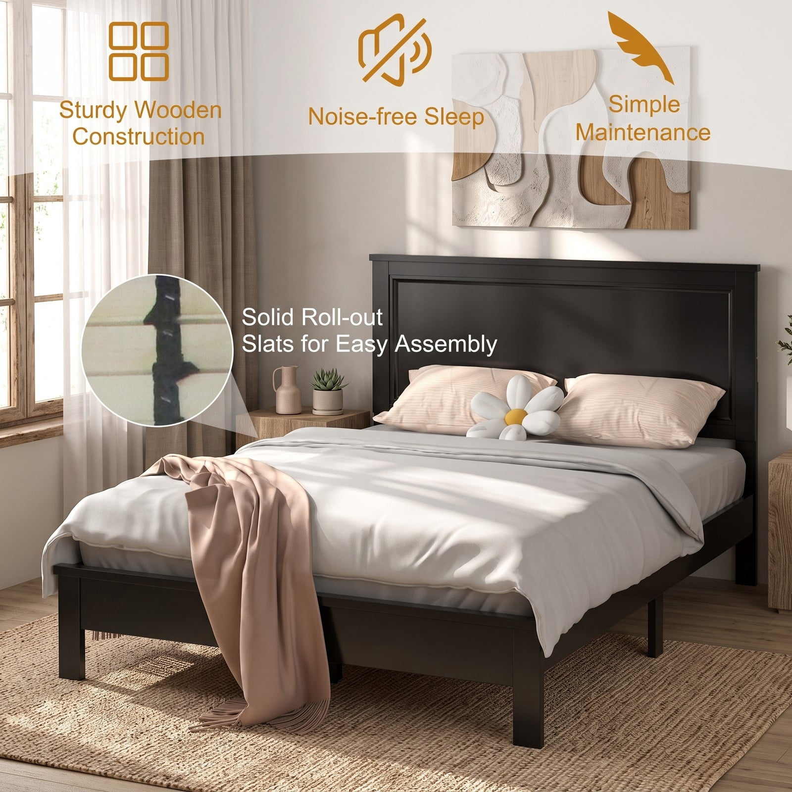 Furnibear Queen Size Bed Frame, Wood Platform Bed Frame with High Slatted Headboard and Rubber Wood Legs, Queen Bed Frame No Box Spring, Espresso