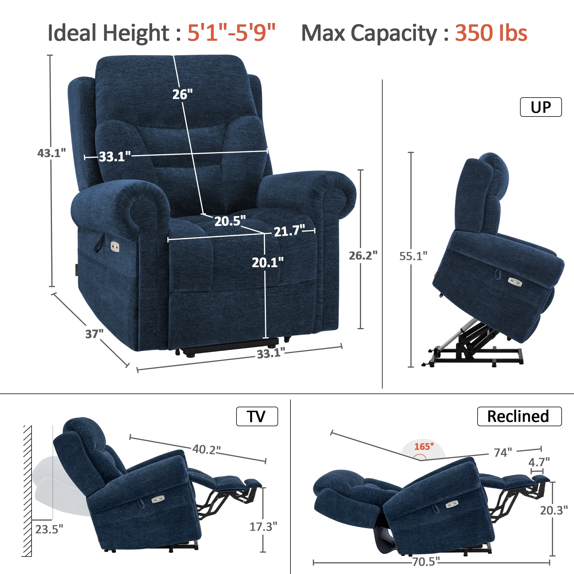 MCombo Dual Motor Power Lift Recliner Chair with Massage and Dual Heating for Senior, Fabric 7888 (Navy Blue, Medium)