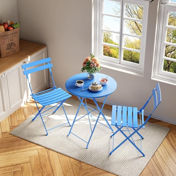 Senfot 3-Piece Outdoor Bistro Set - Folding Table & Chairs with Metal Frame, Compact Furniture for Balcony, Deck, or Garden Blue