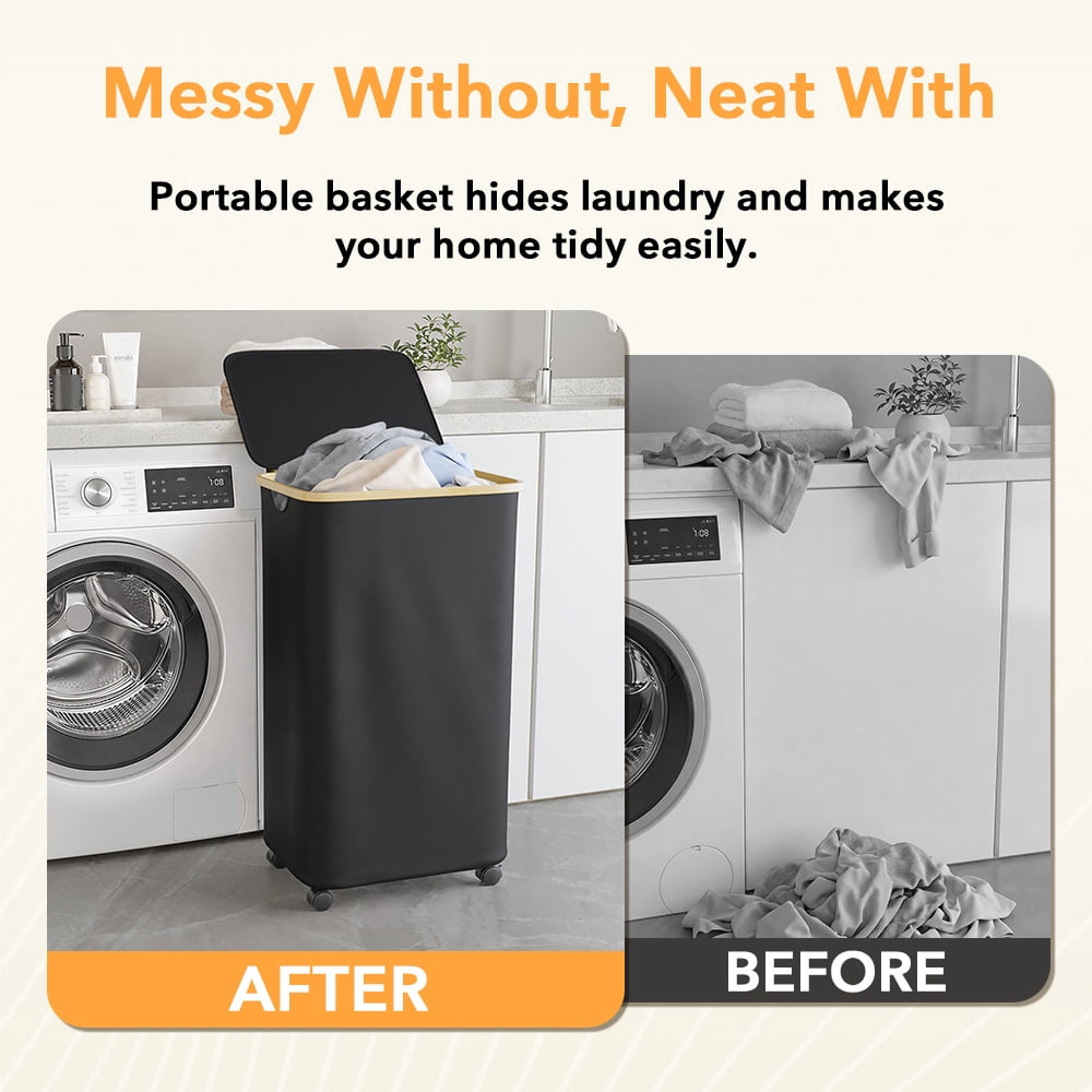 PLUMEBAY 100L Laundry Hamper with Wheels and Lid, Rolling Tall Clothes Basket with Bamboo Handle, Black