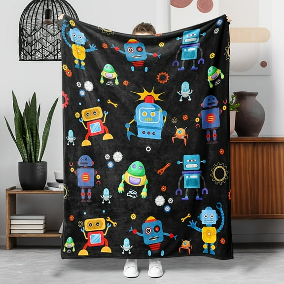 Cozy Cartoon Robot Flannel Throw Blanket - Soft, Warm & Allergy-Friendly for Couch, Bed, Office, and Travel - Machine Washable, Multi-Season Comfort, Perfect Halloween & Christmas Gift Idea