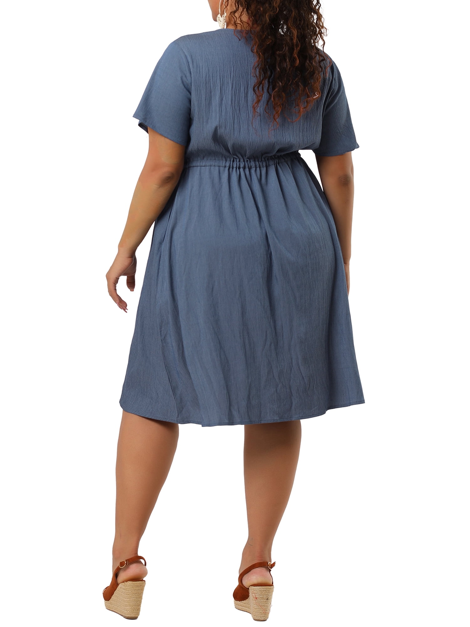 Unique Bargains Women's Plus V Neck Short Sleeve A-Line Denim Dresses 4X Dark Blue