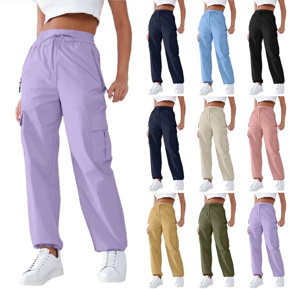 Women's Overalls Casual Lightweight Solid Color Trousers Drawstring Multi-Pockets Straight Leg Pants for Work and Outdoor Activities,Beige,L
