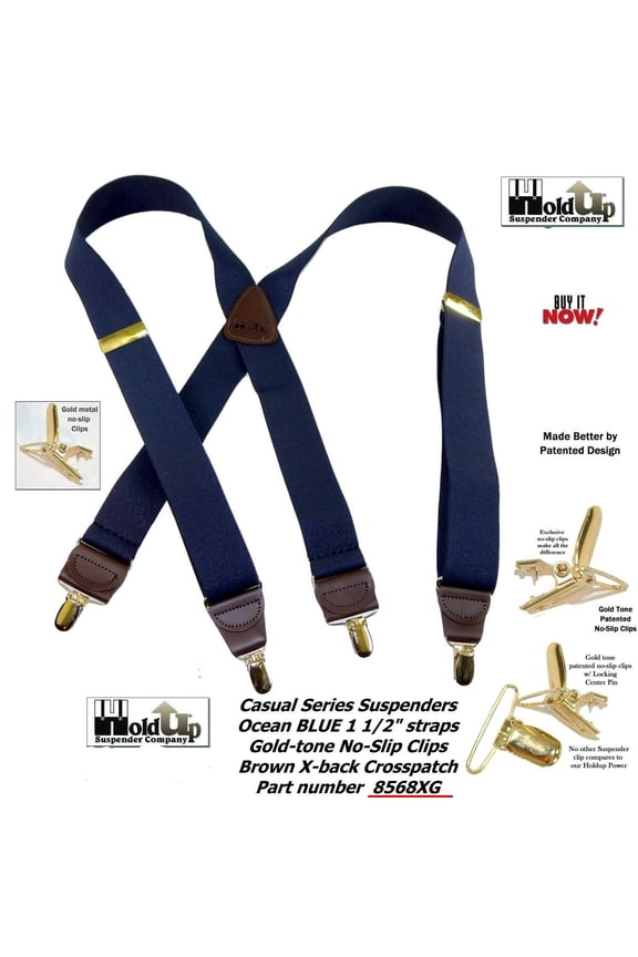 USA Made Holdup Suspenders Dark Ocean Blue 1 1/2" wide X-back Suspenders with Patented No-slip Gold-tone  Clips