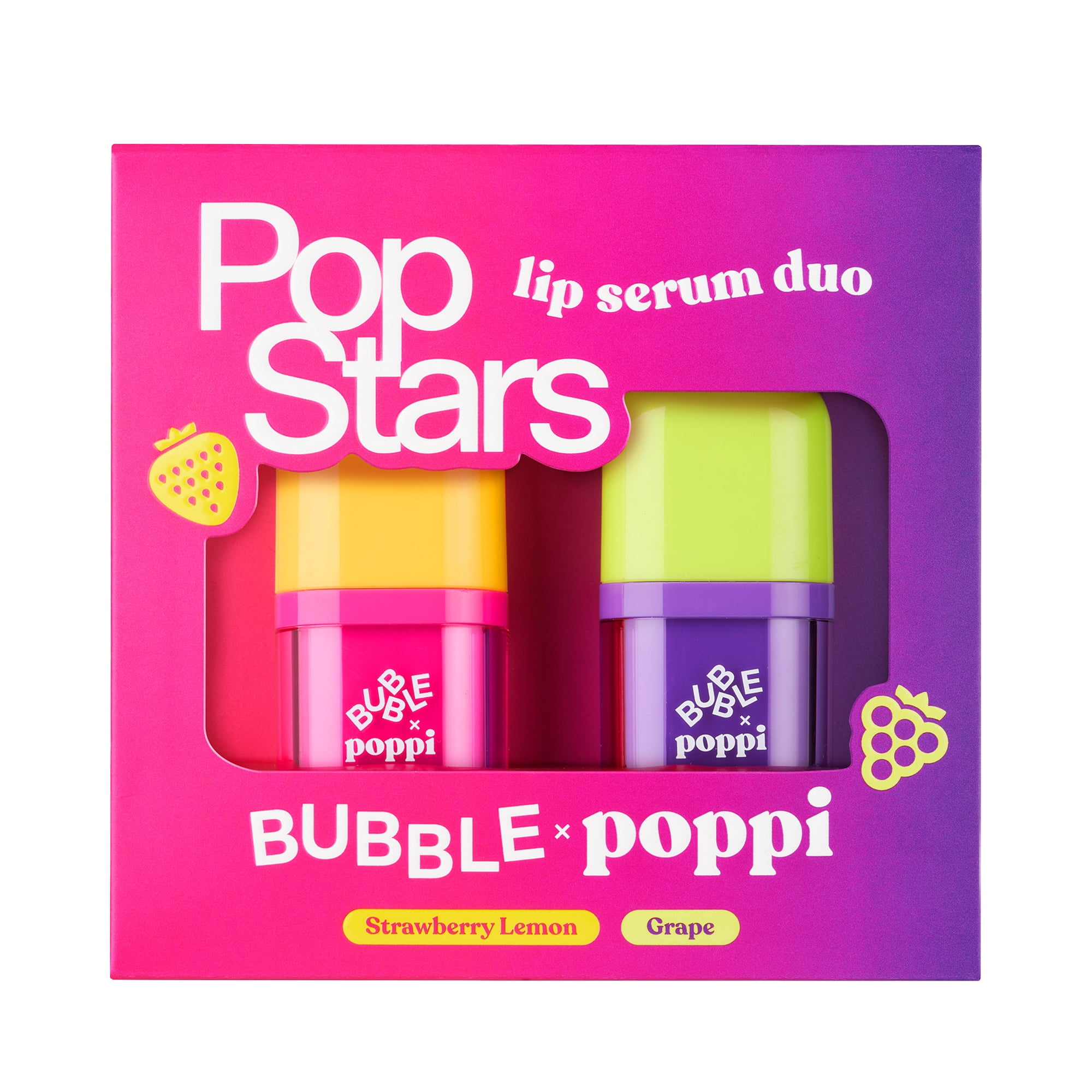 BUBBLE x poppi Pop Stars Lip Serum Duo, Strawberry Lemon & Grape, 9ML