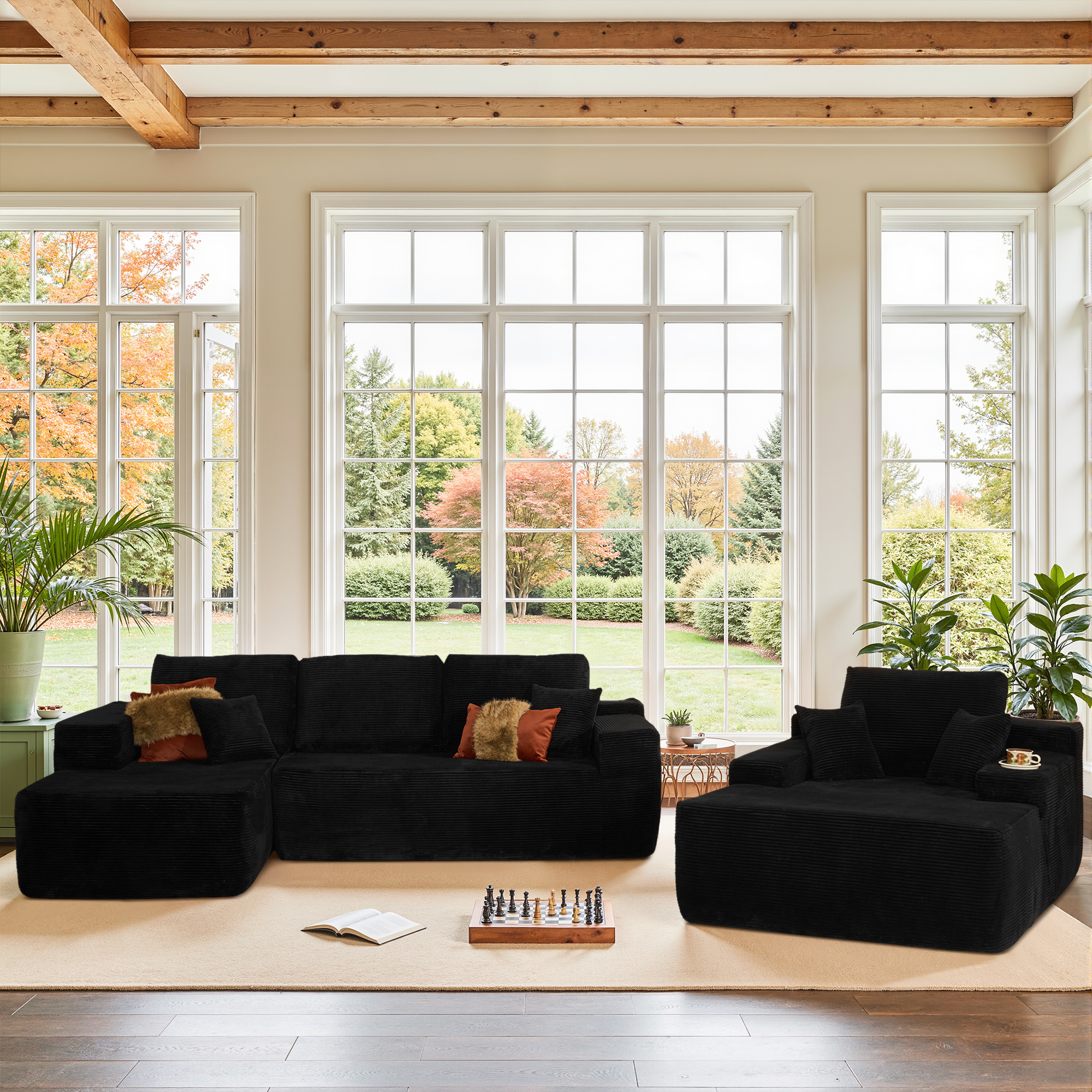 Ovios 106" Modular Cloud Couch Oversized Deep Seat Corduroy Sectional Sofa with Lounge Chair for Living Room, No Assembly, Black