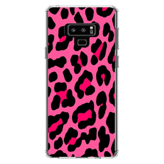 DistinctInk Clear Shockproof Hybrid Case for Samsung Galaxy Note 9 - TPU Bumper, Acrylic Back, Tempered Glass Screen Protector - Hot Pink Black Leopard Skin Spots