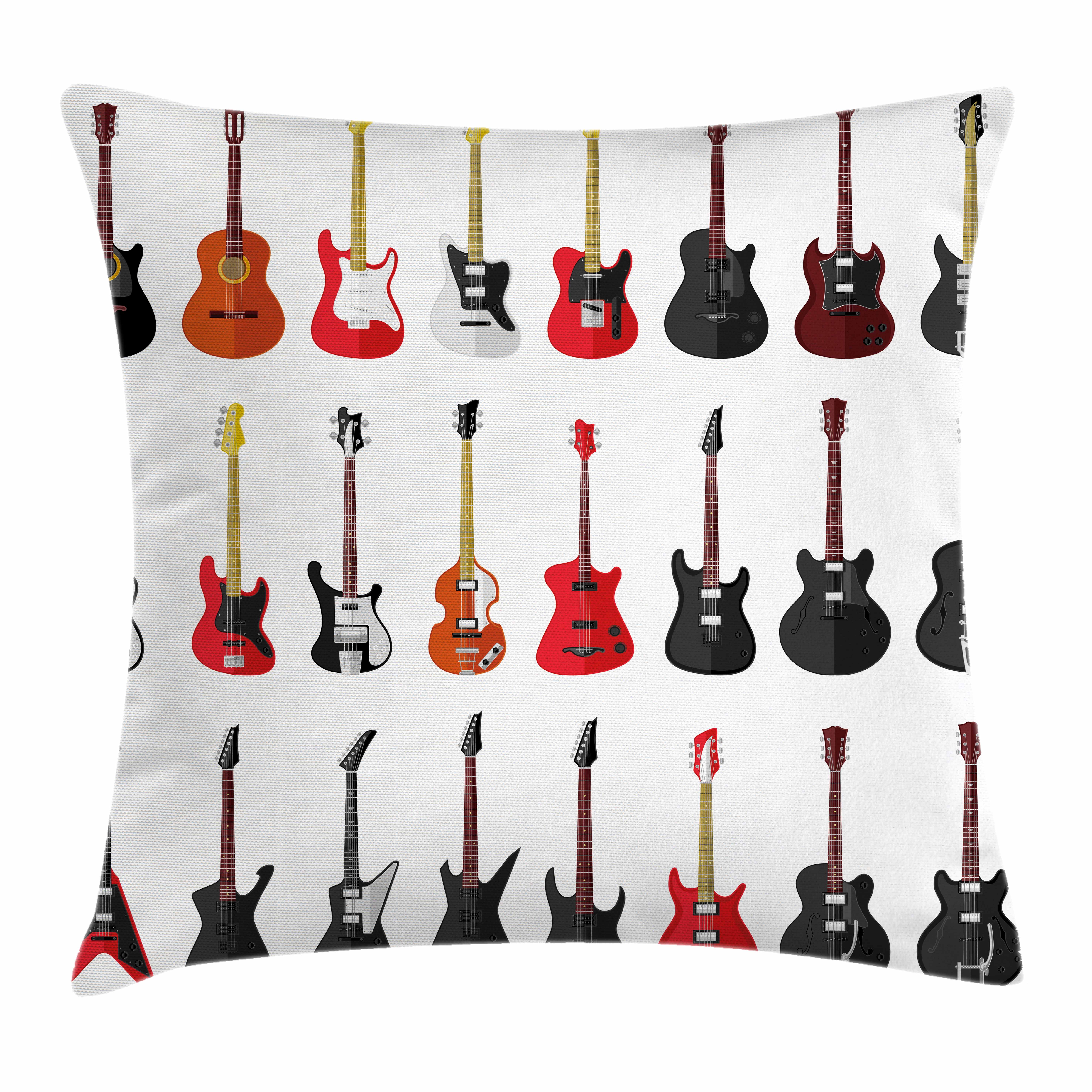 Guitar Throw Pillow Cushion Cover, Musical Instruments Set Pattern with