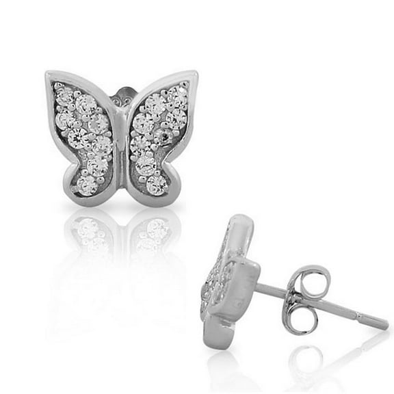 925 Sterling Silver Classic White CZ Butterfly Womens Stud Earrings