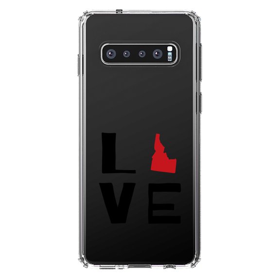 DistinctInk Clear Shockproof Hybrid Case for Samsung Galaxy S10  PLUS (6.4" Screen) - TPU Bumper Acrylic Back Tempered Glass Screen Protector - Idaho - Love Black & Red