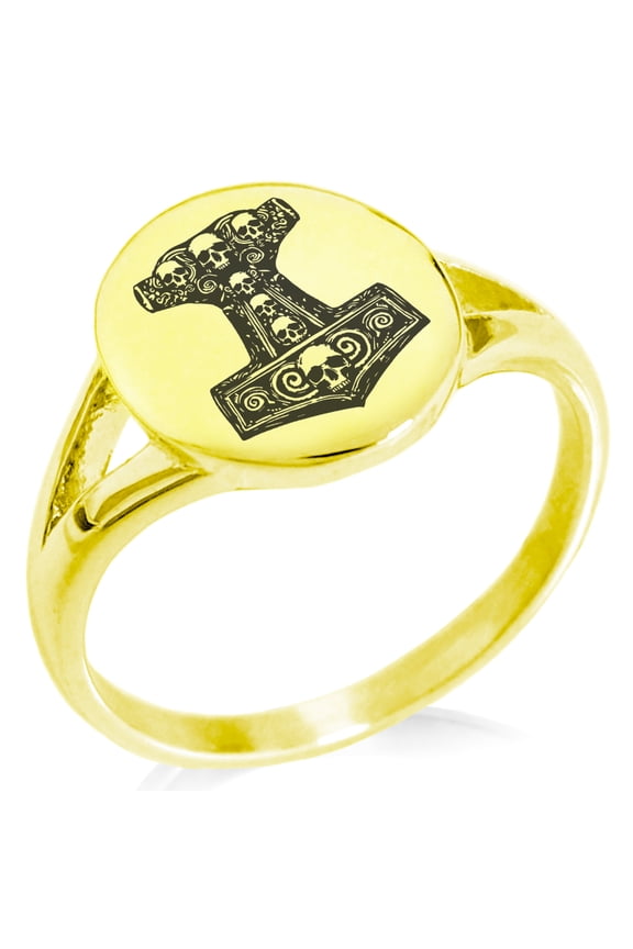 Stainless Steel Mjolnir Thor's Black Skull Hammer Minimalist Oval Top Polished Statement Signet Ring