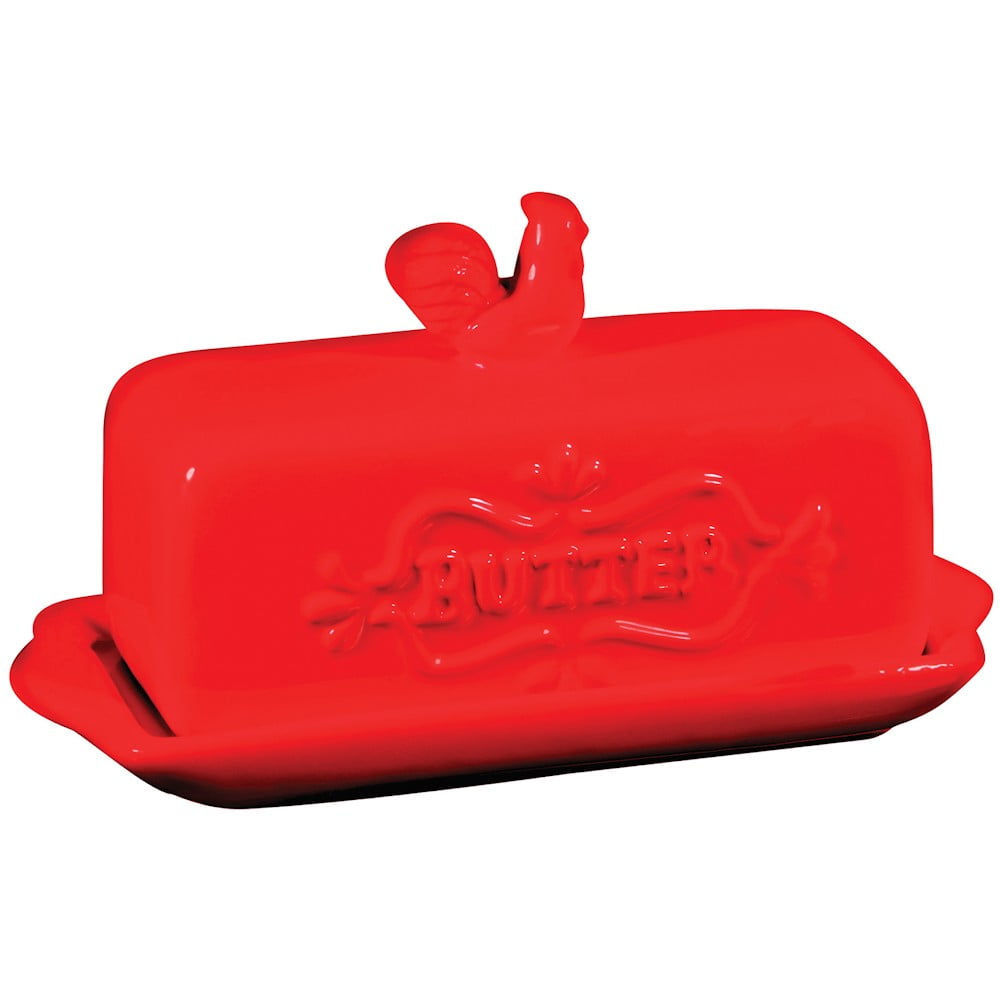 Red Covered Butter Dish With Rooster Finial Handle Ceramic 7" Long