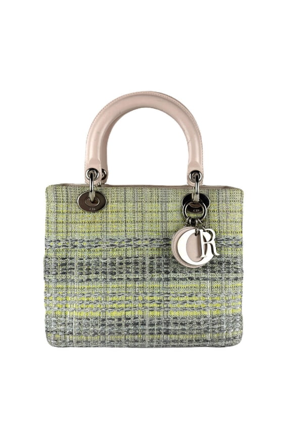 Pre-Owned Christian Dior Lady Handbag Shoulder Bag in Tweed/Leather, Green/Pink Beige, Women's,...